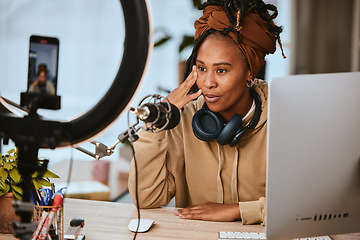 Image showing Communication, phone and presenter streaming podcast, radio talk show or speaker talking about teen culture. Online broadcast microphone, black woman and gen z influencer speaking about student news