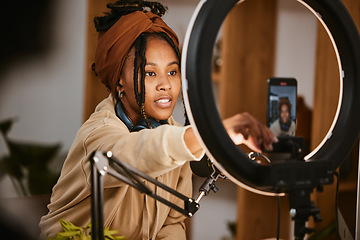 Image showing Communication, phone and influencer broadcast podcast, radio talk show or speaker talking about teen culture. Presenter microphone, black woman setup streaming or speaking about online student news