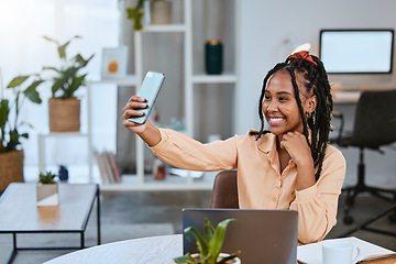 Image showing Business woman, selfie and phone in a home office for social media profile update with a laptop. Black person happy while working on startup growth while online for target audience brand awareness