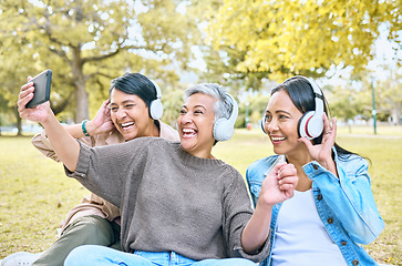 Image showing Headphones, friends phone selfie and women at park taking pictures for social media. Mobile, retirement and group of senior females streaming music, taking photo and laughing at comic meme or joke.