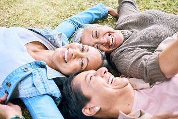 Image showing Elderly, happy or friends on grass in a park talking or speaking of funny gossip relaxing holiday vacation in summer. Smile, old people or senior women laughing at a crazy joke or bonding in nature