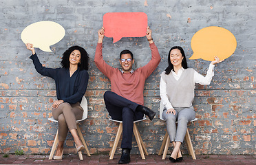 Image showing Speech bubble, networking and feedback with business people and mockup for social media, vote and review. Design, contact and chat sign with employee and board at brick wall for voice and opinion