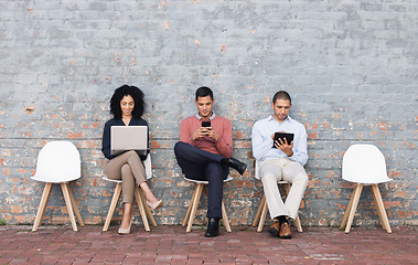 Image showing Diversity, recruitment or business people in digital agency data analysis interview, cyber security or hiring team. Teamwork, technology or employee in lobby for startup tech or SEO programmer job