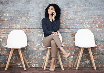 Image showing Recruitment, phone call and black woman on brick wall or waiting room for career dream, opportunity or job search. Happy, success person in line on smartphone for hiring news, interview or recruiting