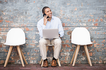 Image showing Recruitment, phone call and black man thinking on brick wall or waiting room for career dream, opportunity or job search. Happy person in line on smartphone for hiring news, interview and recruiting