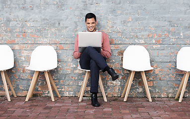 Image showing Laptop, recruitment or startup man for digital agency interview on tech waiting for recruitment, HR or hiring team. Business man, research or employee job interview for a cyber, programmer or hacker.