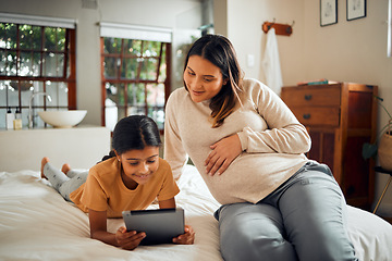 Image showing Pregnant woman, child and tablet for online learning in home bedroom for bonding, education and knowledge. Smile of kid and mother together bedroom for pregnancy research and support on mobile app