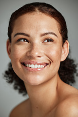 Image showing Beauty, skincare and face of woman in studio isolated on a gray background. Makeup cosmetics, thinking and happy young female model with glowing, healthy and flawless skin after spa facial treatment