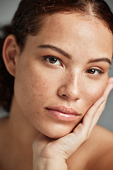 Image showing Portrait, beauty skincare and face of woman in studio isolated on gray background. Makeup, natural cosmetics and young female model with glowing, healthy and flawless skin after spa facial treatment.