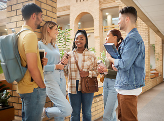 Image showing Learning, friends and college with students happy on campus with books for education, scholarship or knowledge. Study, future or university with people for back to school, academy or exam goals