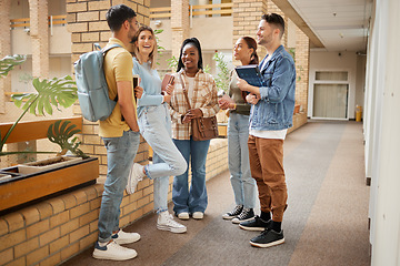 Image showing College, friends and happy with students on campus with books for learning, scholarship or knowledge. Study, education or university with people talking for back to school, academy or exam goals