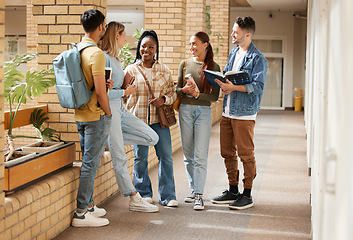 Image showing Education, friends and college with students on campus with books for learning, scholarship or knowledge. Study, future or university with people walking to class for back to school, academy or exam