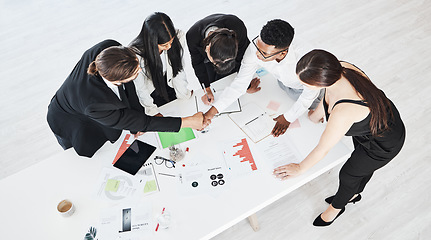 Image showing Meeting, finance and teamwork with a business team working around a table in the boardroom from above. Accounting, documents and collaboration with a man and woman employee group at work in an office