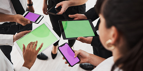 Image showing Hands, green screen and technology with a business group in studio isolated on a white background for communication or networking. Tablet, phone and mockup with an employee team on blank space