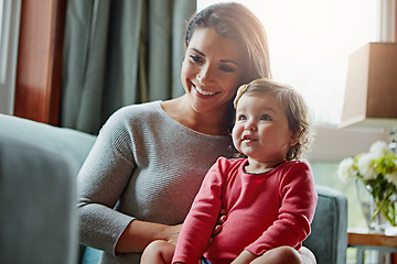 Image showing Relax, happy and smile with mother and baby on sofa for bonding, quality time and child development. Growth, support and trust with mom and daughter in family home for health, connection and care