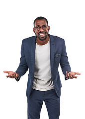 Image showing Confused, business man portrait and shrug of a professional employee in a studio. Isolated, white background and entrepreneur of an african executive with confusion doubt, uncertainty and glasses