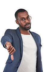 Image showing Sad, disappointed and portrait of a black man with a thumbs down isolated on a white background. Frustrated, angry and African businessman with a negative hand gesture for fail, mistake and problem