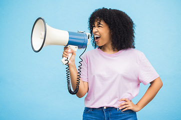 Image showing Megaphone announcement speech, shout and black woman protest for democracy vote, justice or human rights rally. Racism opinion, microphone noise and profile speaker isolated on blue background studio