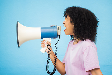 Image showing Megaphone noise, shout and black woman protest for democracy vote with voice, justice or human rights rally. Racism opinion, microphone speech and profile speaker isolated on blue background studio