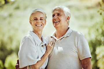 Image showing Love, senior couple and hug outdoor, retirement and quality time for bonding, adventure and romance. Romantic, mature woman and old man embrace, nature and loving together with smile and summer break