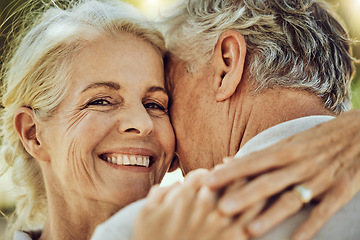 Image showing Hug, love and portrait of a senior couple in nature for bonding, quality time and care in France. Affection, happy and face of an elderly woman hugging a man for romance in retirement in a park