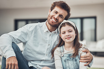 Image showing Father, child and portrait smile for family time, relationship or quality bonding together outside a house. Happy dad holding daughter smiling in happiness for home, care or childhood in the outdoors