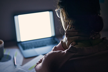 Image showing Mockup, screen and student tired at night, focus and notes for test, studying and education. Woman, female and academic with laptop light, pain in neck and revision in the evening, dark and computer