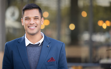 Image showing businessman, success smile portrait and outdoor city for leader motivation, goals management or happiness vision. Corporate male, manager and positive mindset energy or achievement in cityscape