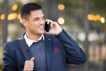 Image showing Business man, phone call with communication and networking with smartphone outdoor and technology in city. Corporate professional, mobile and conversation with 5g network, b2b and contact mockup