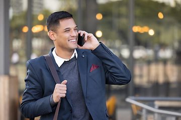 Image showing Business man, phone call with communication and networking with smartphone outdoor and technology in city. Corporate professional, mobile and conversation with 5g network, b2b and contact mockup
