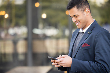 Image showing Happy, travel or business man with phone for networking, social media or communication in London street. Search, smile or manager with smartphone for research, internet or blog content review outdoor