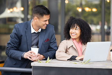 Image showing Black woman, businessman and cafe meeting with laptop, schedule planning and strategy for success. Man, coffee shop and working partnership, collaboration or happiness for financial solution business