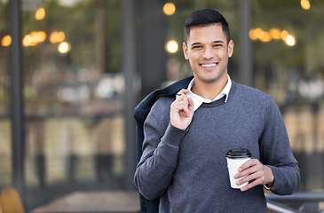 Image showing City portrait, coffee break and happy businessman walking, smile and on travel journey in urban New York. Mockup employee, tea and relax worker, agent or person on morning commute to office building