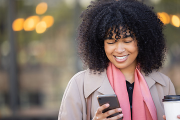 Image showing Happy, travel or black woman with phone for networking, social media or communication in London street. Search, smile or manager with smartphone for research, internet or blog content review outdoor