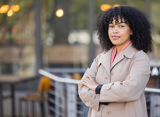 Image showing Portrait, fashion or mockup and a business black woman in the city standing arms crossed with future vision. Mindset, mission and growth with a female employee outdoor in an urban town for work