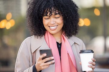 Image showing Travel, smile or business woman with phone for networking, social media or communication in London street. Search, happy or manager on smartphone for research, internet or blog content review outdoor