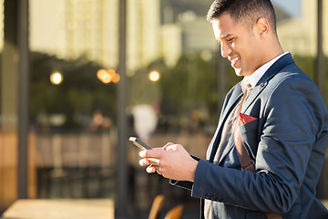 Image showing Hands, travel or business man with phone for networking, social media or communication in London street. Search, happy or manager with smartphone for research, internet or blog content review outdoor