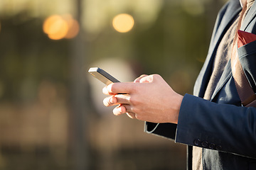 Image showing Business man, travel or hands with phone for networking, social media or communication in London street. Search, zoom or manager with smartphone for research, internet or blog content review outdoor