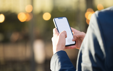 Image showing Hands, mockup or business man with phone for networking, social media or communication in London street. Search, travel or manager on smartphone for research, internet or blog content review outdoor