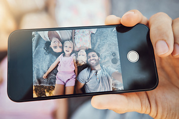 Image showing Phone, selfie and family portrait of a hand with mobile zoom and smile with happiness. Children, parents and happy together with love and care using a cellphone with a mom and kids on holiday