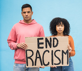 Image showing People portrait, cardboard or poster in racism protest, human rights equality or diversity freedom campaign. Man, black woman or friends and banner, billboard or sign on race empowerment background