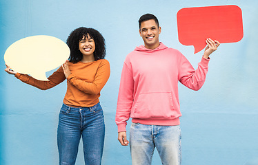 Image showing Happy people, portrait or speech bubble on isolated blue background for social media, vote mock up or idea mockup. Smile, man or woman with communication poster, blank billboard or branding placard