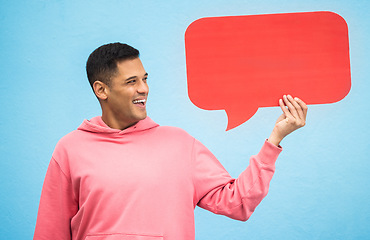 Image showing Happy man, laughing or speech bubble on isolated blue background for social media, vote mock up or idea mockup. Smile, student or model with communication poster, blank billboard or branding placard