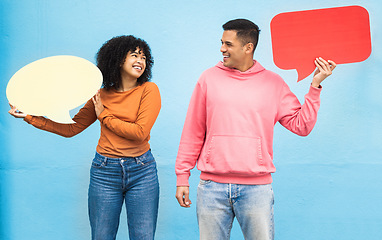 Image showing Happy people, laughing or speech bubble on isolated blue background for social media, vote mock up or idea mockup. Smile, man or woman with communication poster, blank billboard or branding placard