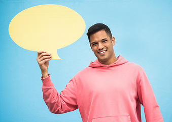 Image showing Happy man, portrait or speech bubble on isolated blue background for social media, vote mock up or idea mockup. Smile, student or model with communication poster, blank billboard or branding placard