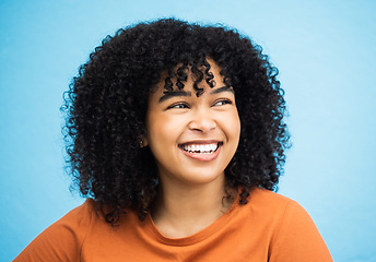 Image showing Black woman, happy and thinking face in blue background studio for empowerment support, positive mindset and confident. Young african girl, smile and happiness vision, ideas or thoughtful looking