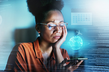 Image showing Phone, hologram and digital with a business black woman doing research using 3d ai technology in her office at night. Futuristic, data and cloud computing with a female employee working in finance