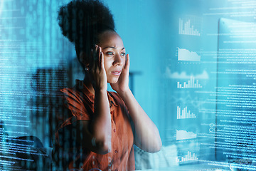 Image showing Business stress headache, computer and black woman burnout over crypto investment, stock market crash or finance loss. Forex economy crisis, bitcoin mining analytics and overlay of trader trading NFT