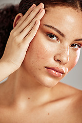 Image showing Skincare, face portrait and beauty glow on skin with freckles for dermatology, makeup and cosmetics. Facial, wellness and self care of model person to show plastic surgery or collagen benefits