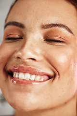 Image showing Face, woman and smile in studio for makeup, skincare and wellness, content and joy or grooming. Happy, beauty and girl model laughing, skin and routine, care and hygiene for soft, smooth and perfect